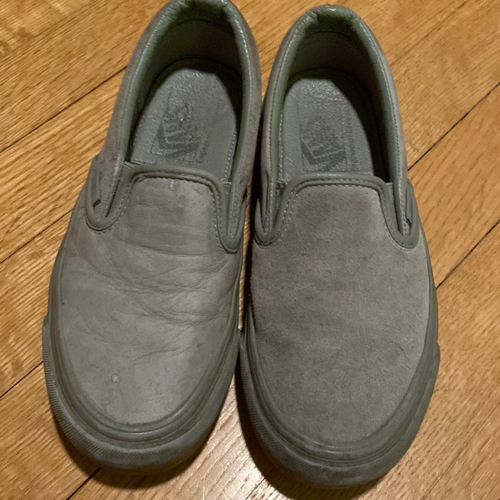 VANS used good cond Comfy Cush suede leather grey slip ons punk rock vibe sz 3.5